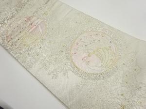 丸文に孔雀・花々模様織出し袋帯